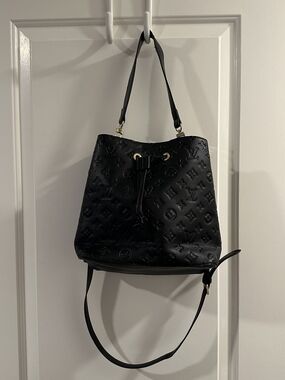 Black Leather Embossed Bucket Bag in Black with Gold Tone